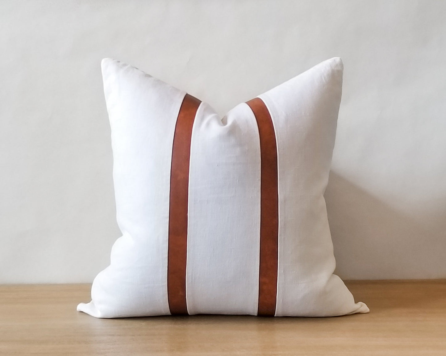 White Linen With Faux Leather CELINE Throw Pillow Cover