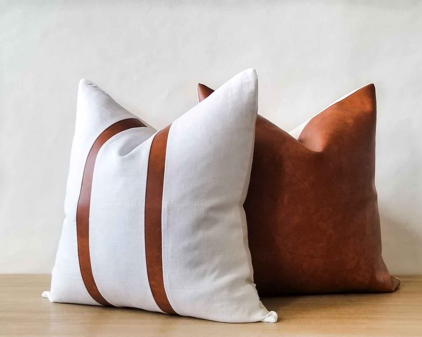 White Linen With Faux Leather CELINE Throw Pillow Cover