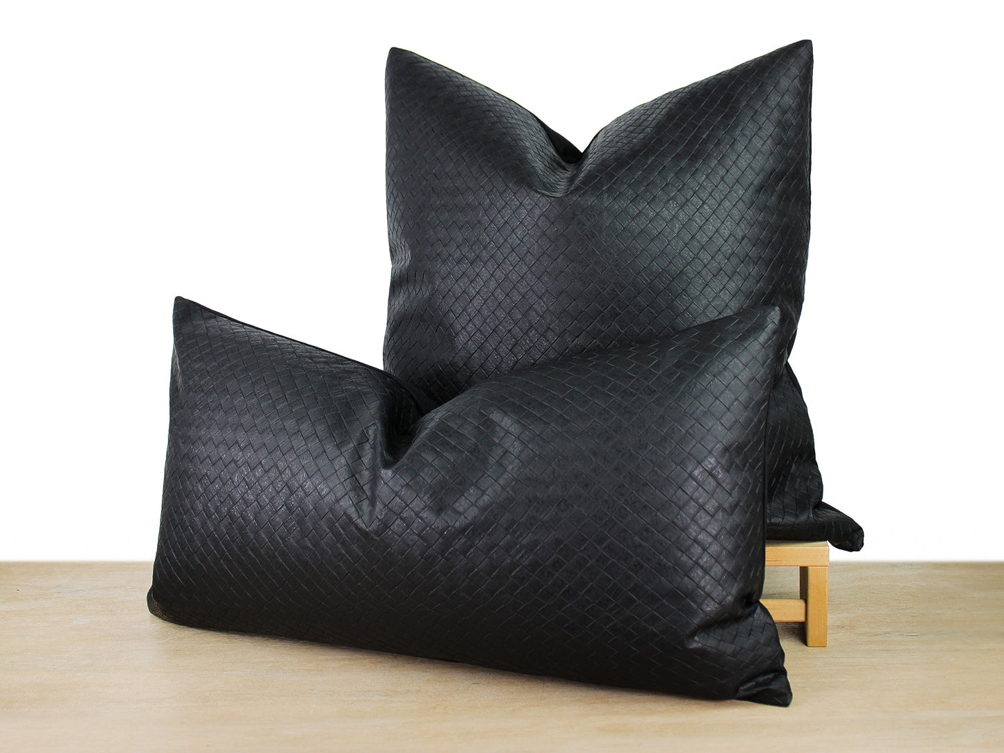 Black Woven Embossed Faux Leather Front Pillow Cover