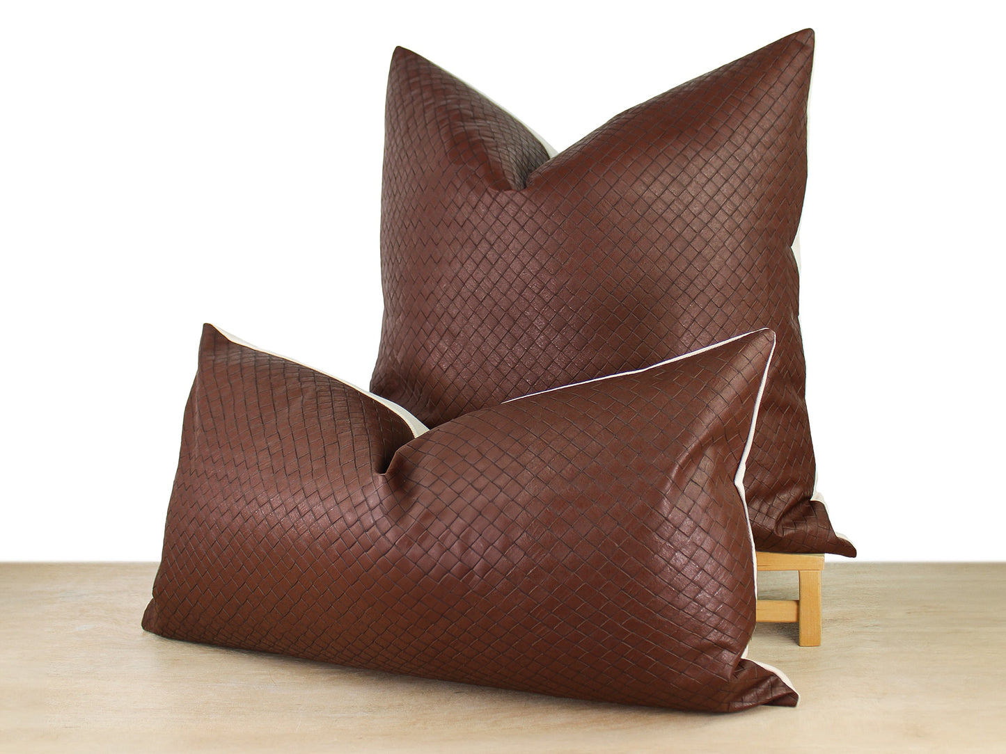 Brown Woven Embossed Faux Leather Front Pillow Cover