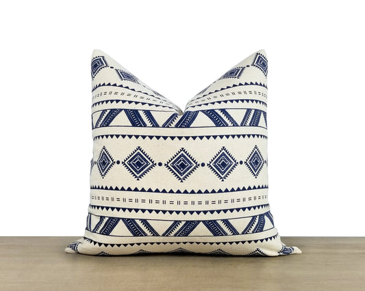 White And Blue Tribal Print Throw Pillow Cover