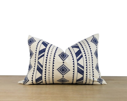 White And Blue Tribal Print Throw Pillow Cover