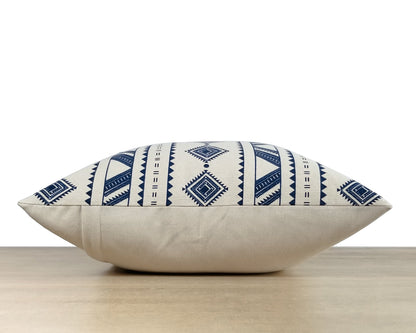 White And Blue Tribal Print Throw Pillow Cover
