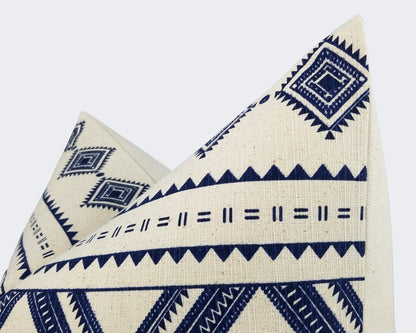 White And Blue Tribal Print Throw Pillow Cover