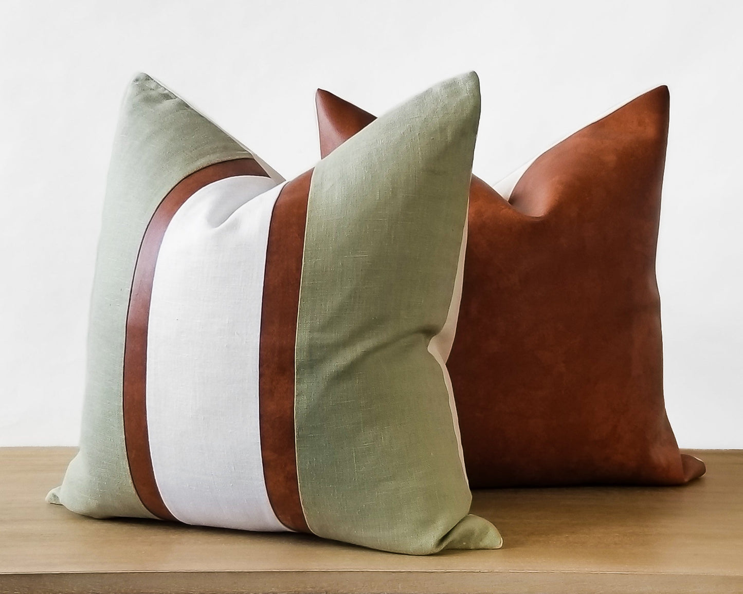 Sage & White With Faux Leather CELINE-3 Throw Pillow Cover