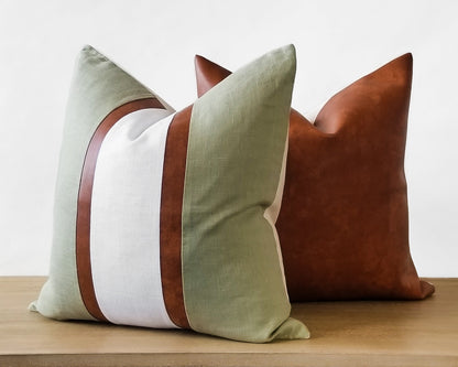 Sage & White With Faux Leather CELINE-3 Throw Pillow Cover