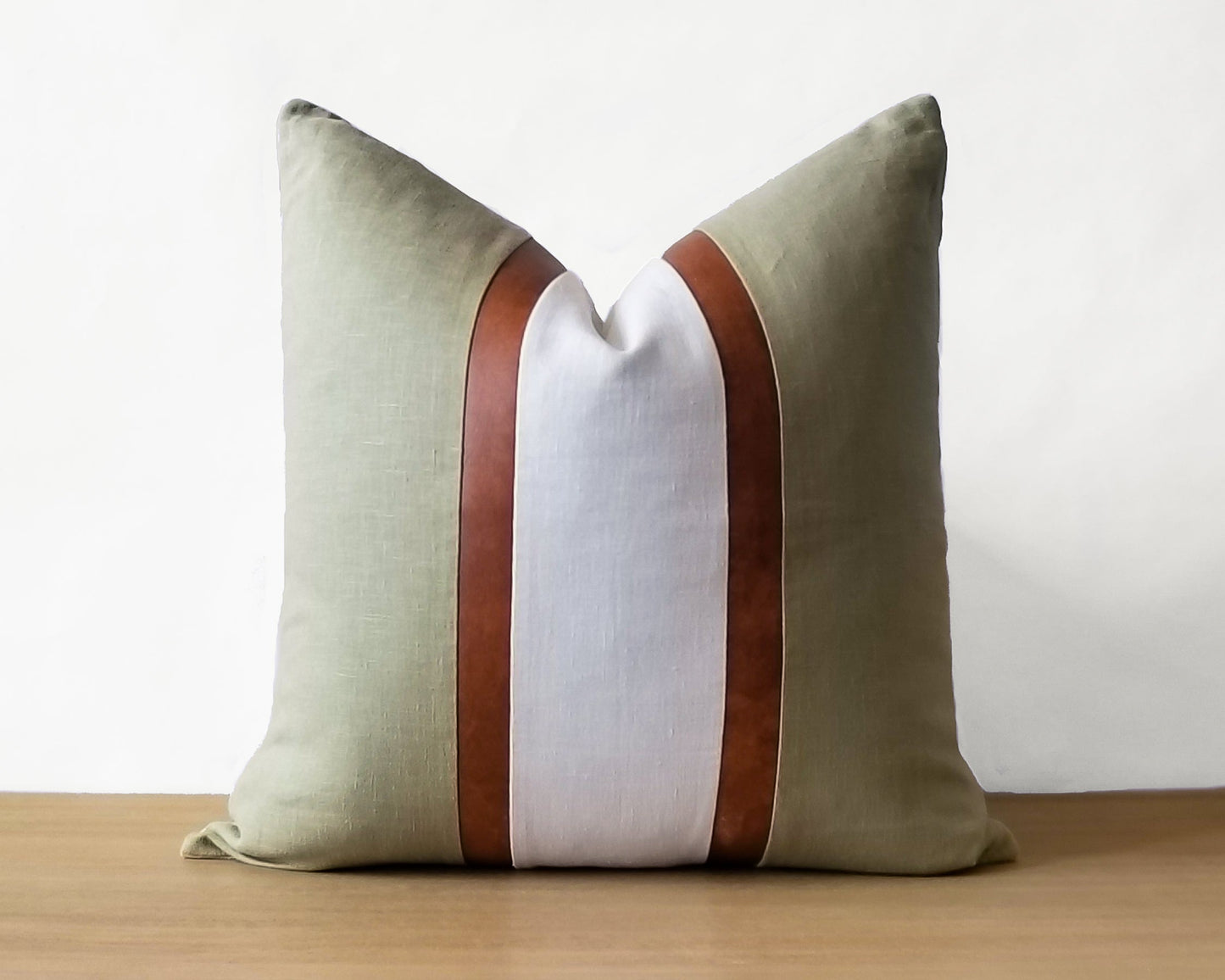 Sage & White With Faux Leather CELINE-3 Throw Pillow Cover