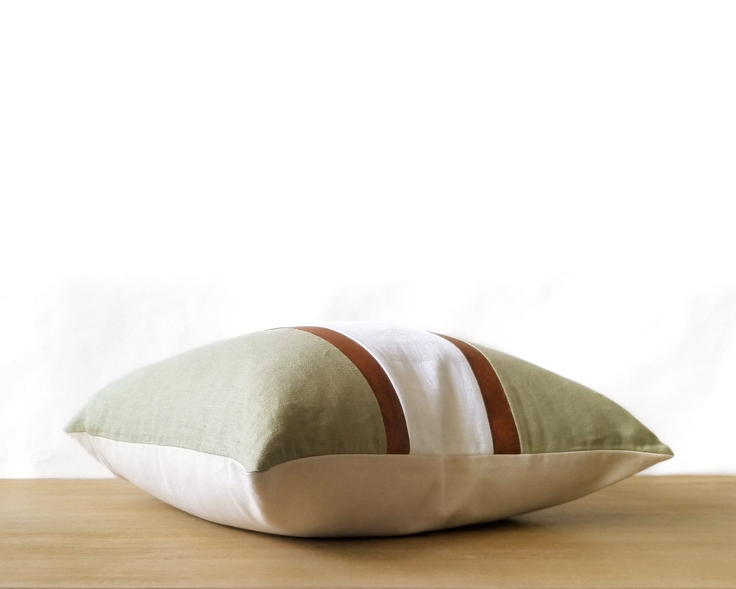 Sage & White With Faux Leather CELINE-3 Throw Pillow Cover