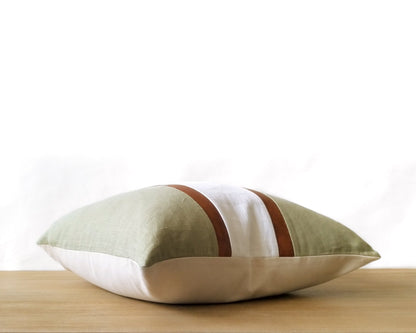 Sage & White With Faux Leather CELINE-3 Throw Pillow Cover