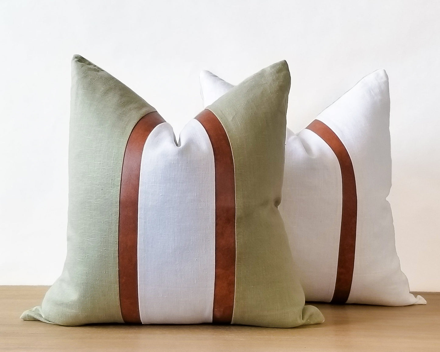 Sage & White With Faux Leather CELINE-3 Throw Pillow Cover