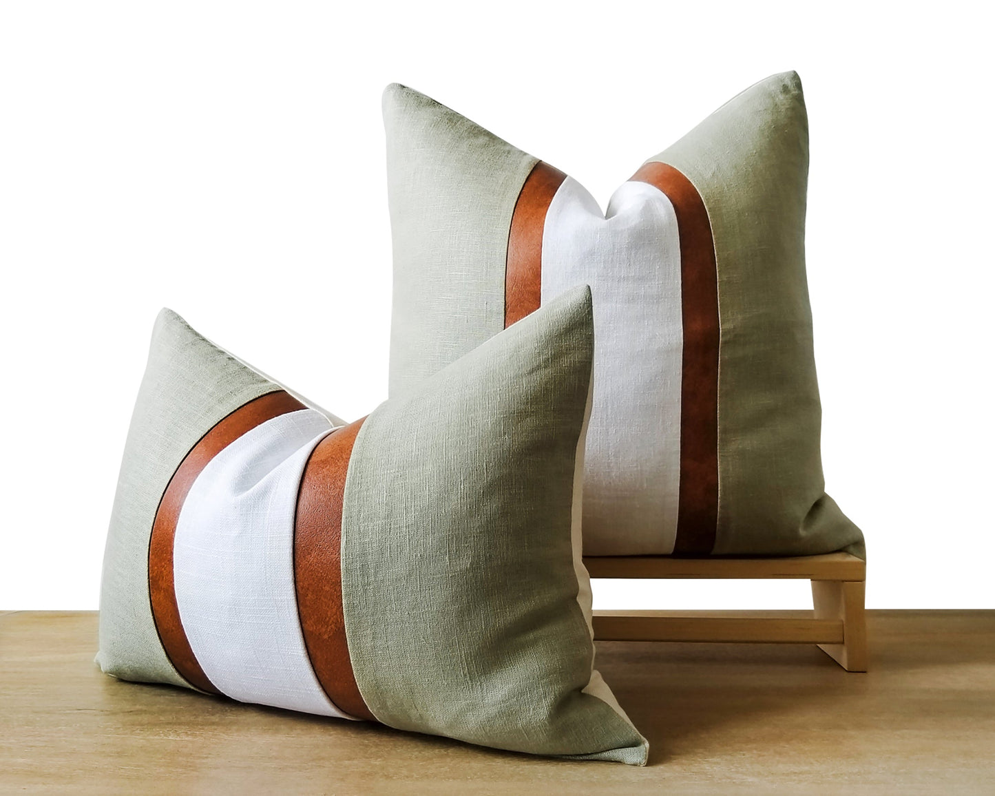 Sage & White With Faux Leather CELINE-3 Throw Pillow Cover