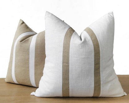White & Beige Linen CELINE Throw Pillow Cover