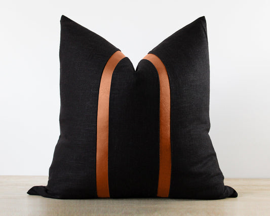 Black Linen With Faux Leather CELINE Throw Pillow Cover