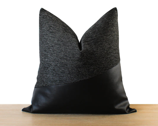 All Black Woven Plus Faux Leather LUCCA Throw Pillow Cover