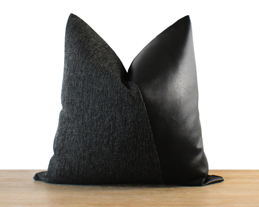 All Black Woven Plus Faux Leather EMMA Throw Pillow Cover