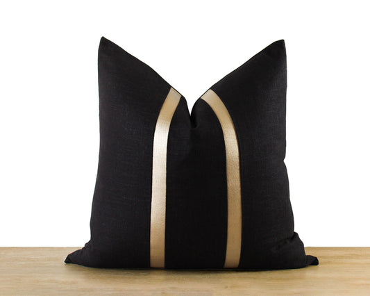 Gold Stripe Black Linen CELINE Throw Pillow Cover