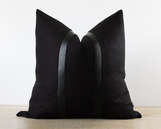All Black Linen With Faux Leather CELINE Throw Pillow Cover