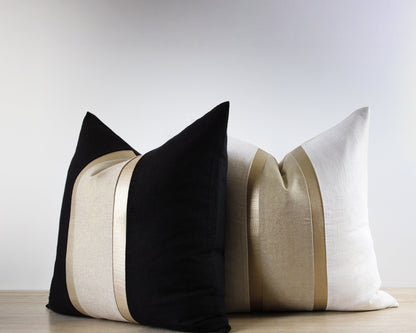 Gold Stripe Black & Gold Linen CELINE-3 Throw Pillow Cover