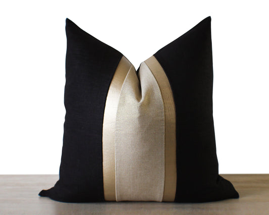 Gold Stripe Black & Gold Linen CELINE-3 Throw Pillow Cover
