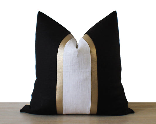 Gold Stripe Black & White Linen CELINE-3 Throw Pillow Cover