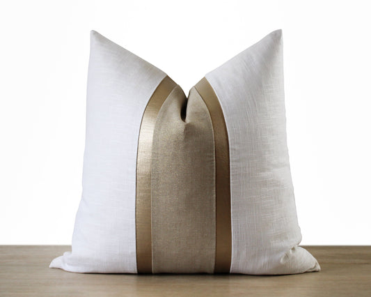 Gold Stripe White & Gold Linen CELINE-3 Throw Pillow Cover