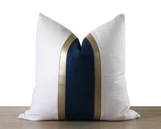 Gold Stripe White & Blue Linen CELINE-3 Throw Pillow Cover