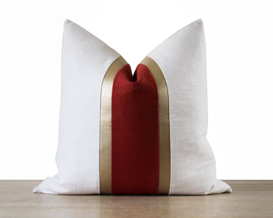 Gold Stripe White & Red Linen CELINE-3 Throw Pillow Cover