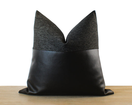 All Black Woven Plus Faux Leather SOTTO Throw Pillow Cover