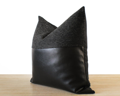 All Black Woven Plus Faux Leather SOTTO Throw Pillow Cover
