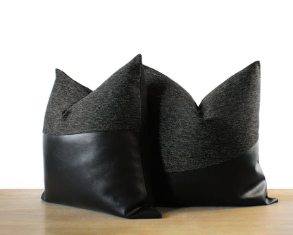 All Black Woven Plus Faux Leather SOTTO Throw Pillow Cover