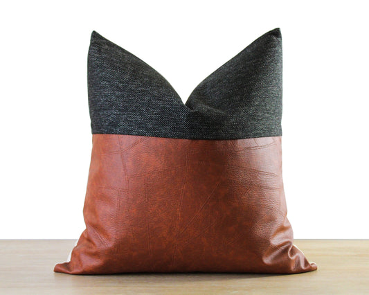 Black and Faux Leather SOTO Throw Pillow Cover