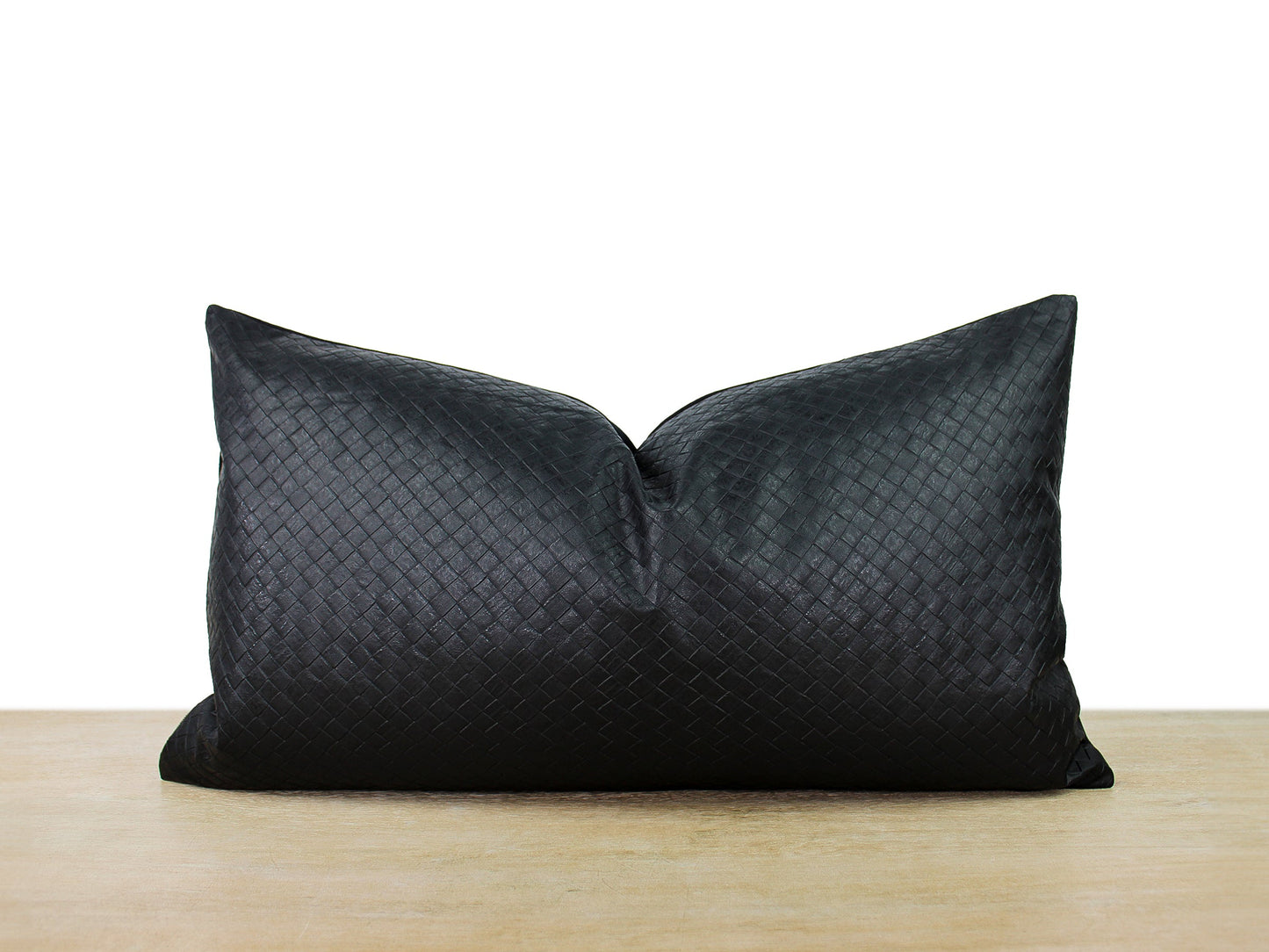 Black Woven Embossed Faux Leather Front Pillow Cover