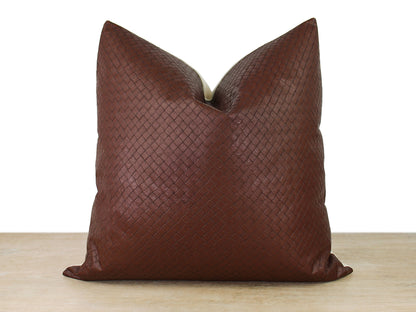 Brown Woven Embossed Faux Leather Front Pillow Cover