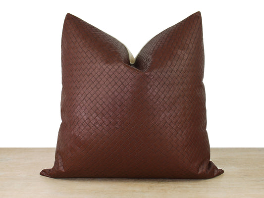 Brown Woven Embossed Faux Leather Front Pillow Cover