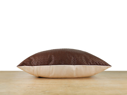 Brown Woven Embossed Faux Leather Front Pillow Cover