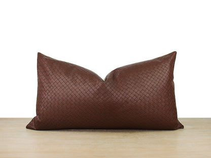 Brown Woven Embossed Faux Leather Front Pillow Cover