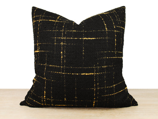 Black and Gold Tweed Front Pillow Cover
