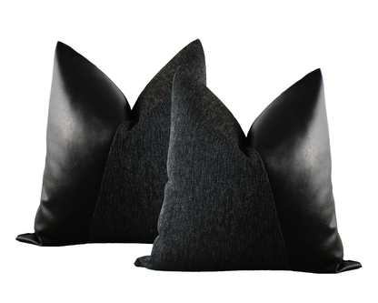 All Black Woven Plus Faux Leather EMMA Throw Pillow Cover